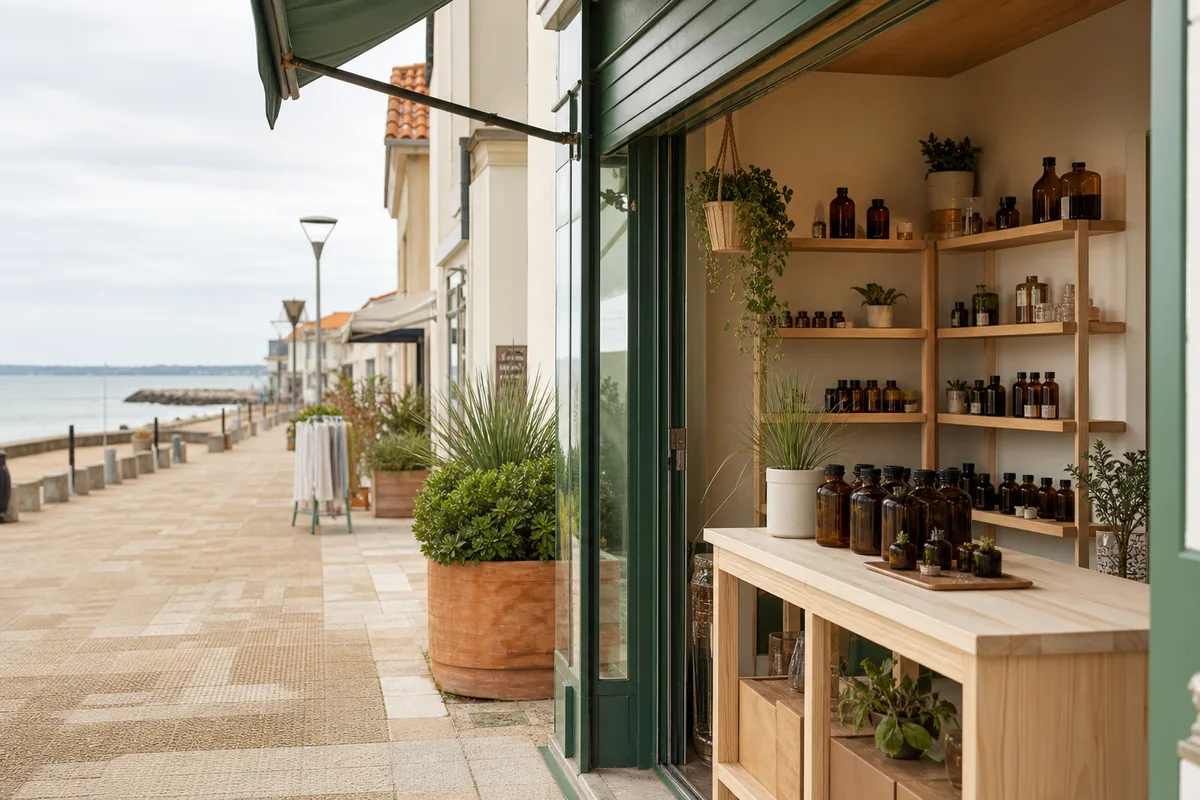 Front de mer d&rsquo;une station littorale médocaine avec commerces saisonniers ouverts