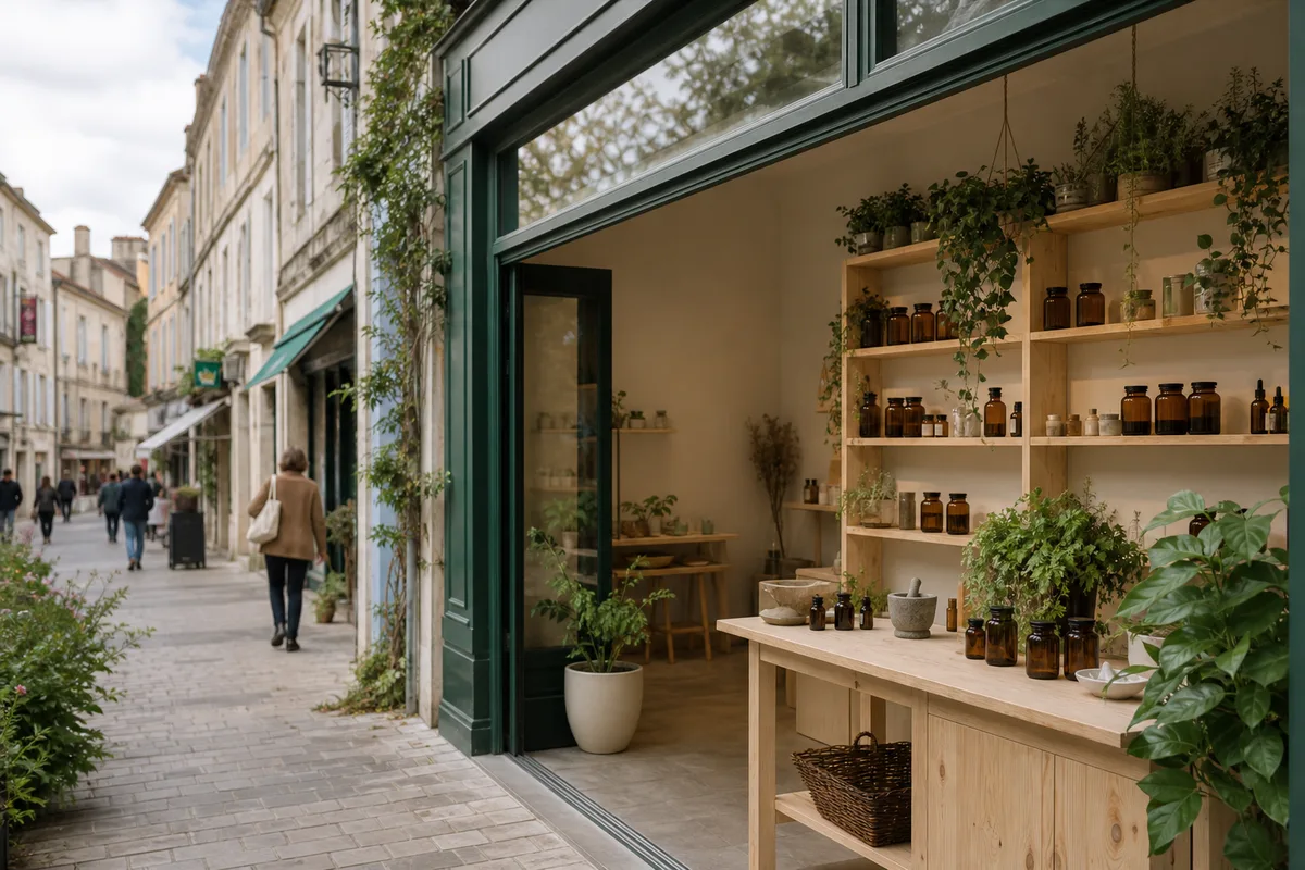 Rue commerçante d’une ville girondine avec devantures et passants en journée