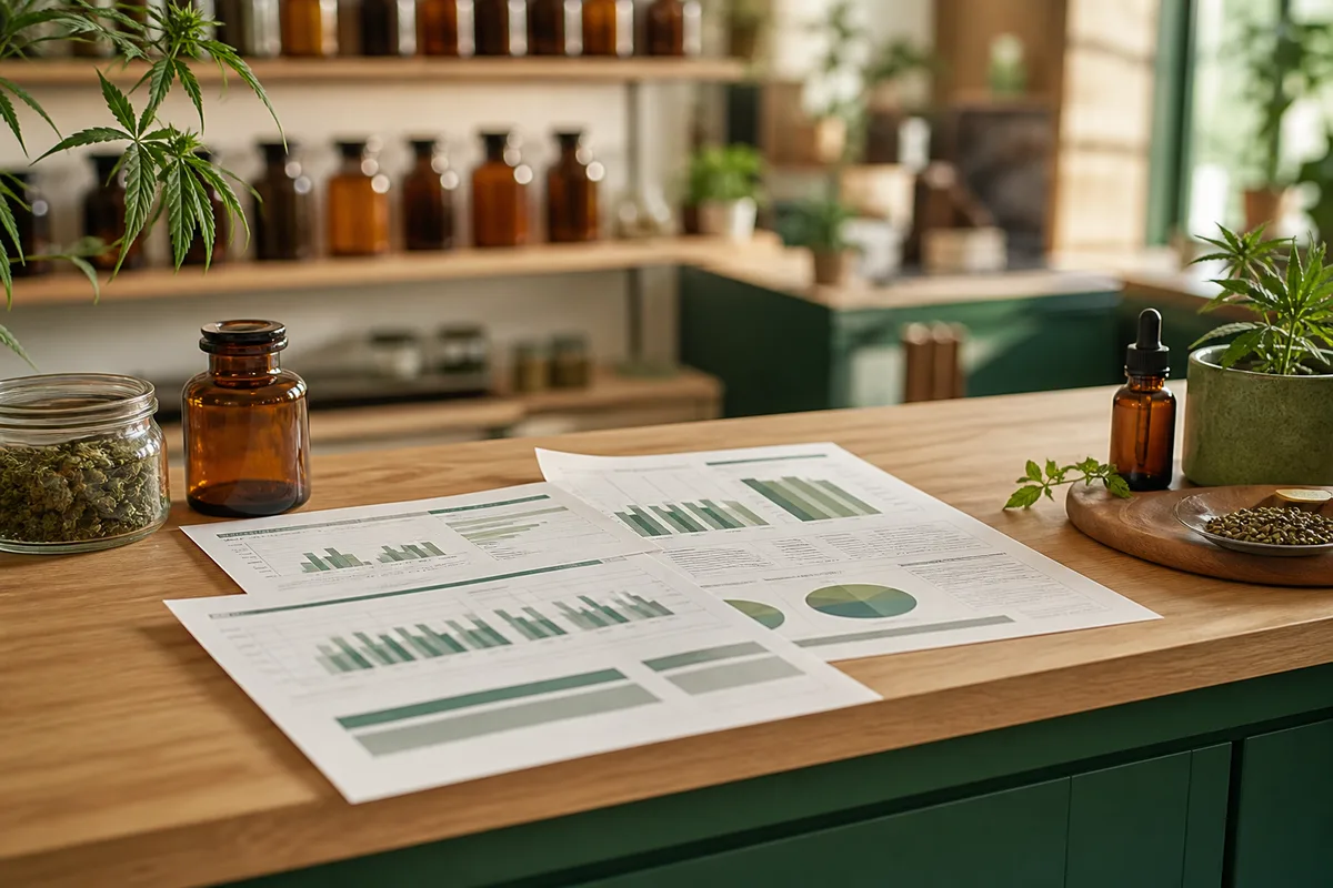 Documents d’analyse de laboratoire posés sur un comptoir de commerce