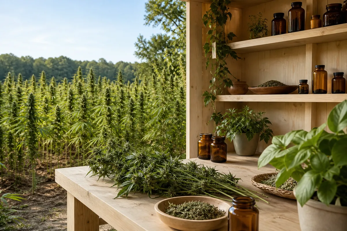 Plants de chanvre en plein champ sous un ciel clair avant la récolte