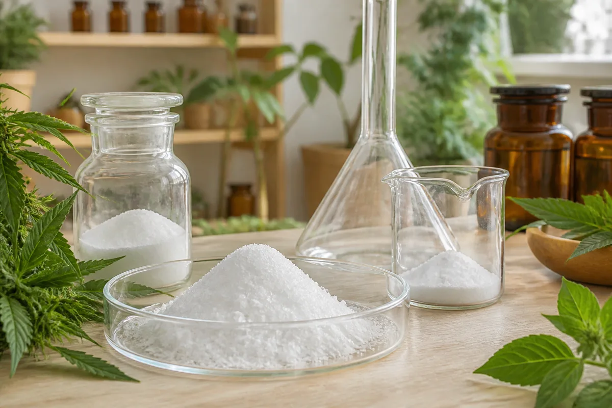 Poudre cristalline blanche de cannabinoïde isolé dans une verrerie de laboratoire