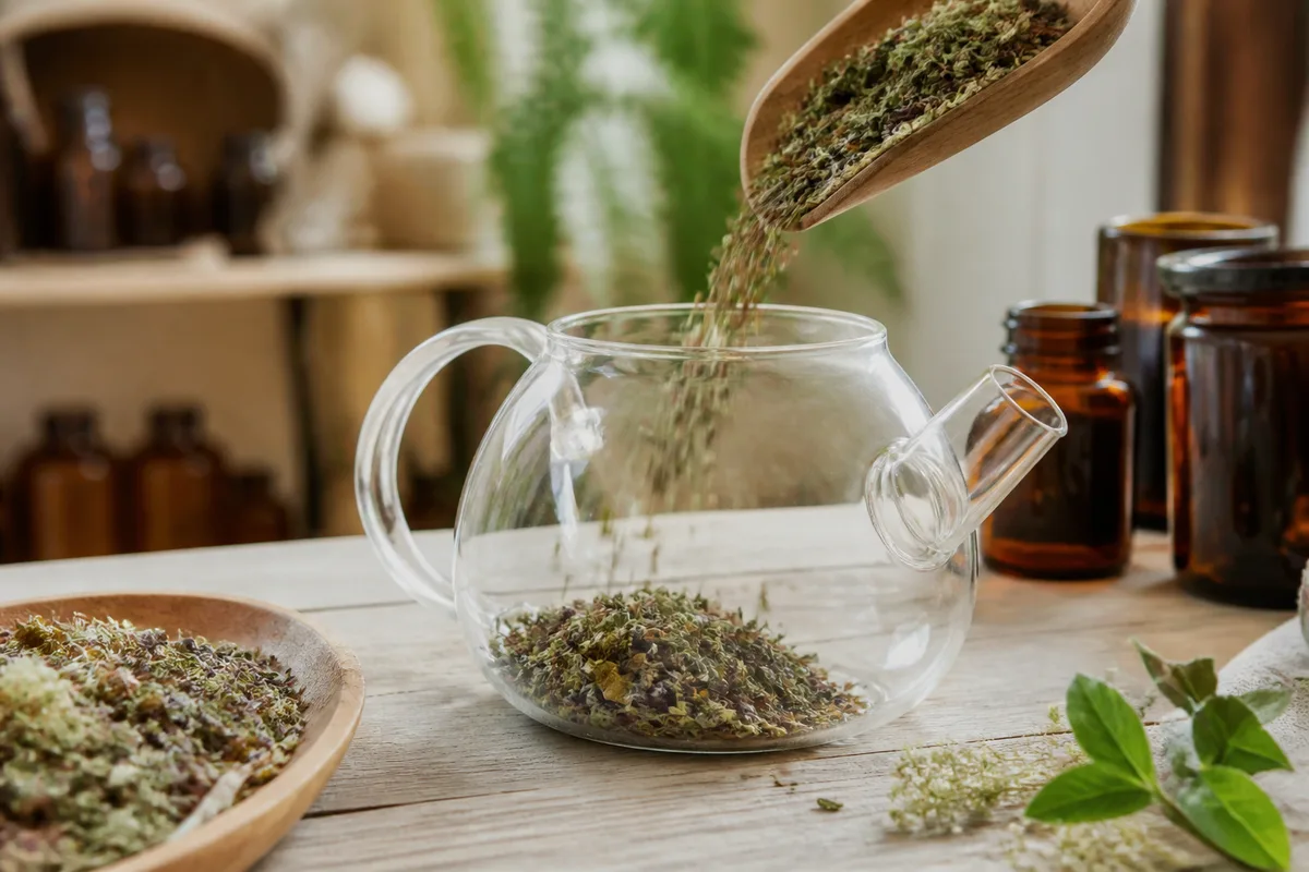Mélange de chanvre et de plantes aromatiques déposé dans une théière en verre
