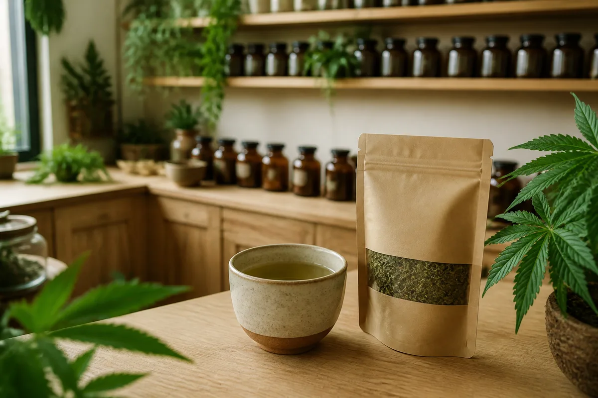 Tasse de tisane filtrée posée près d’un sachet de mélange végétal