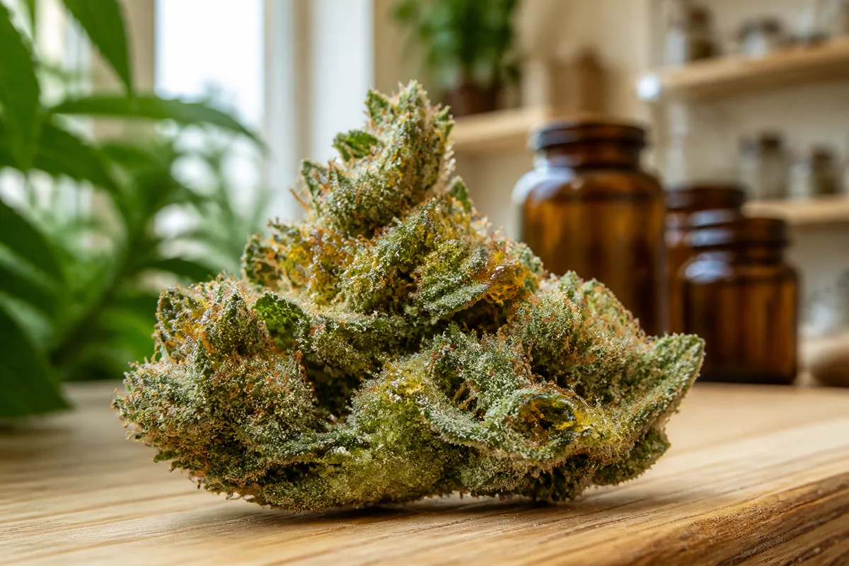 Fleur de chanvre enrobée de résine et recouverte de poudre de trichomes