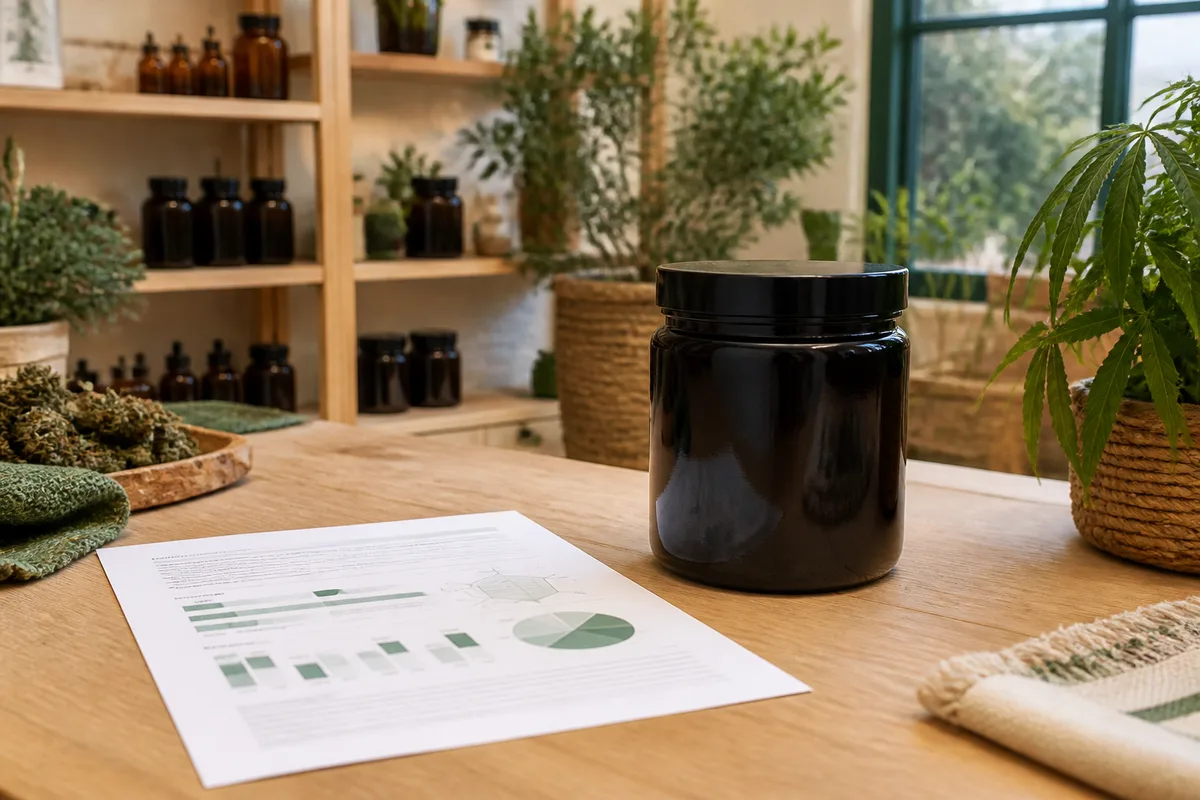 Fiche d’analyse de laboratoire et bocal de conservation opaque sur une table