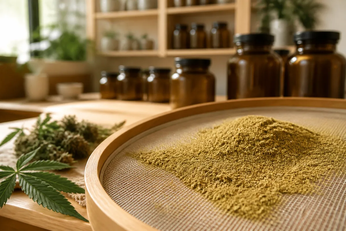 Trichomes tamisés formant une poudre dorée sur une toile de séparation fine